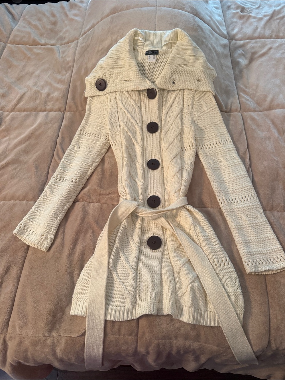 VENUS Cream Cable Knit Button-Front Cardigan Coat with Belt